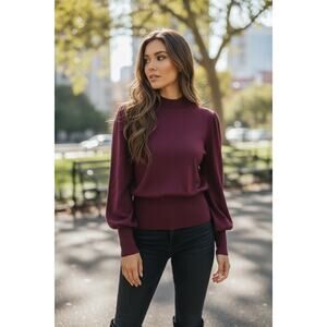 *SKIES ARE BLUE* Jewel Tone Blouson Sleeve Mock Neck Sweater Back Cutout Medium